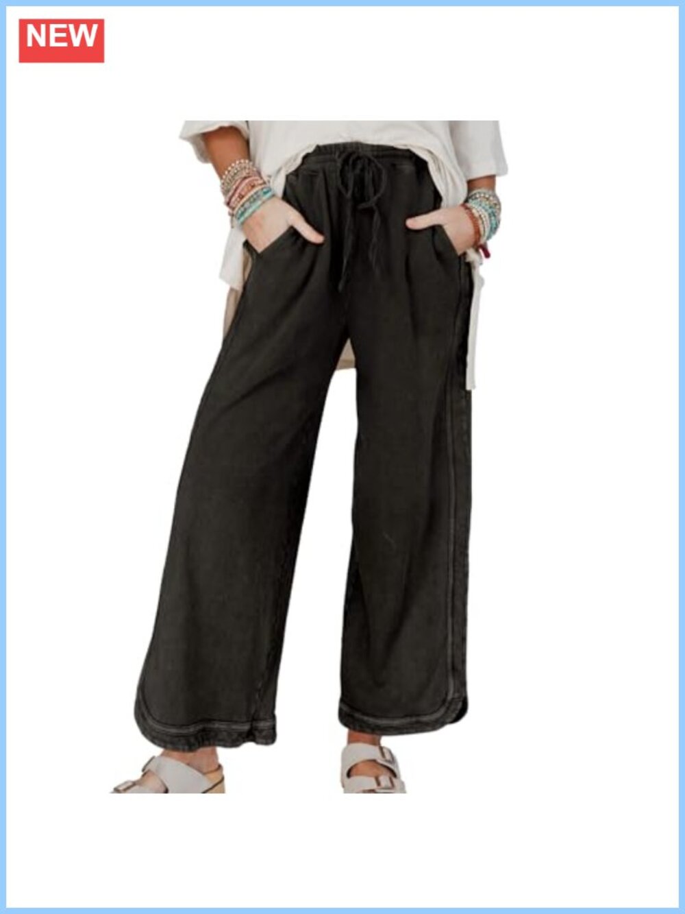 Wide Leg Sweatpants High Waist Drawstring Acid Wash Palazzo Pockets
